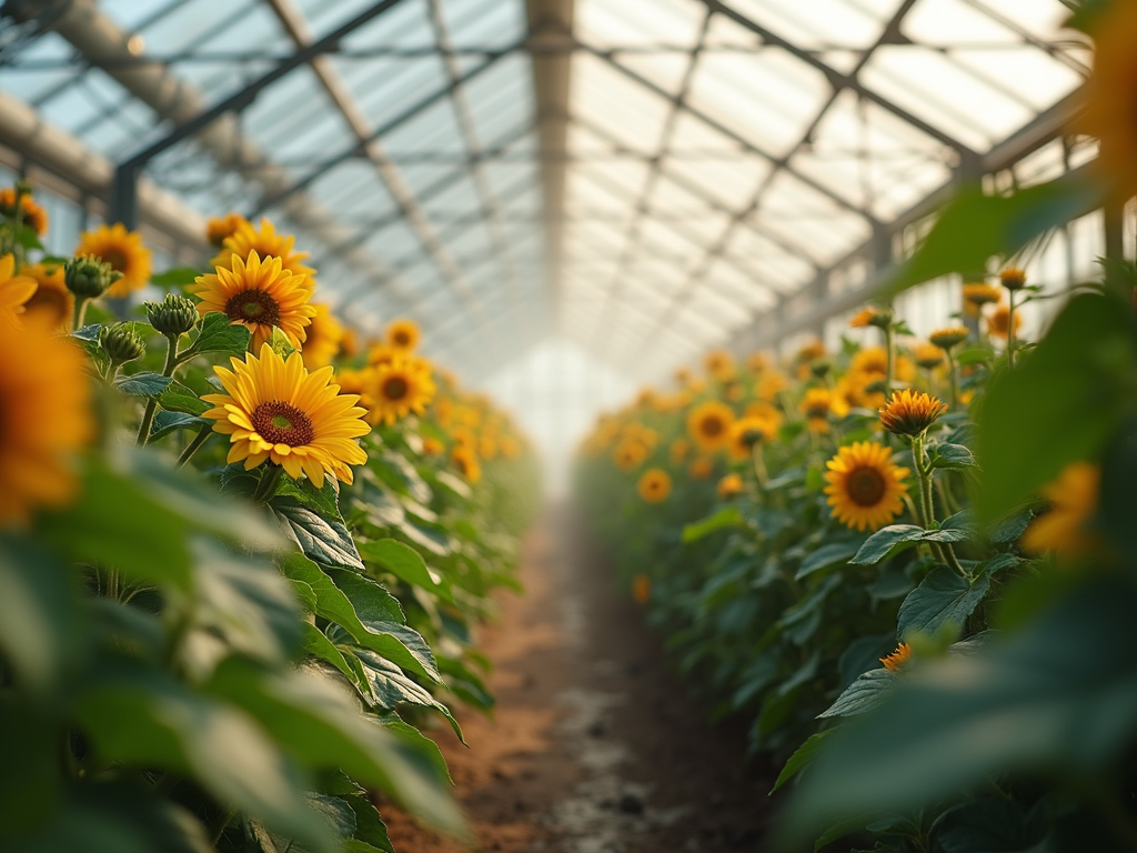 A lush organic floral greenhouse bathed in soft morning light showing rows of vibrant blooms.