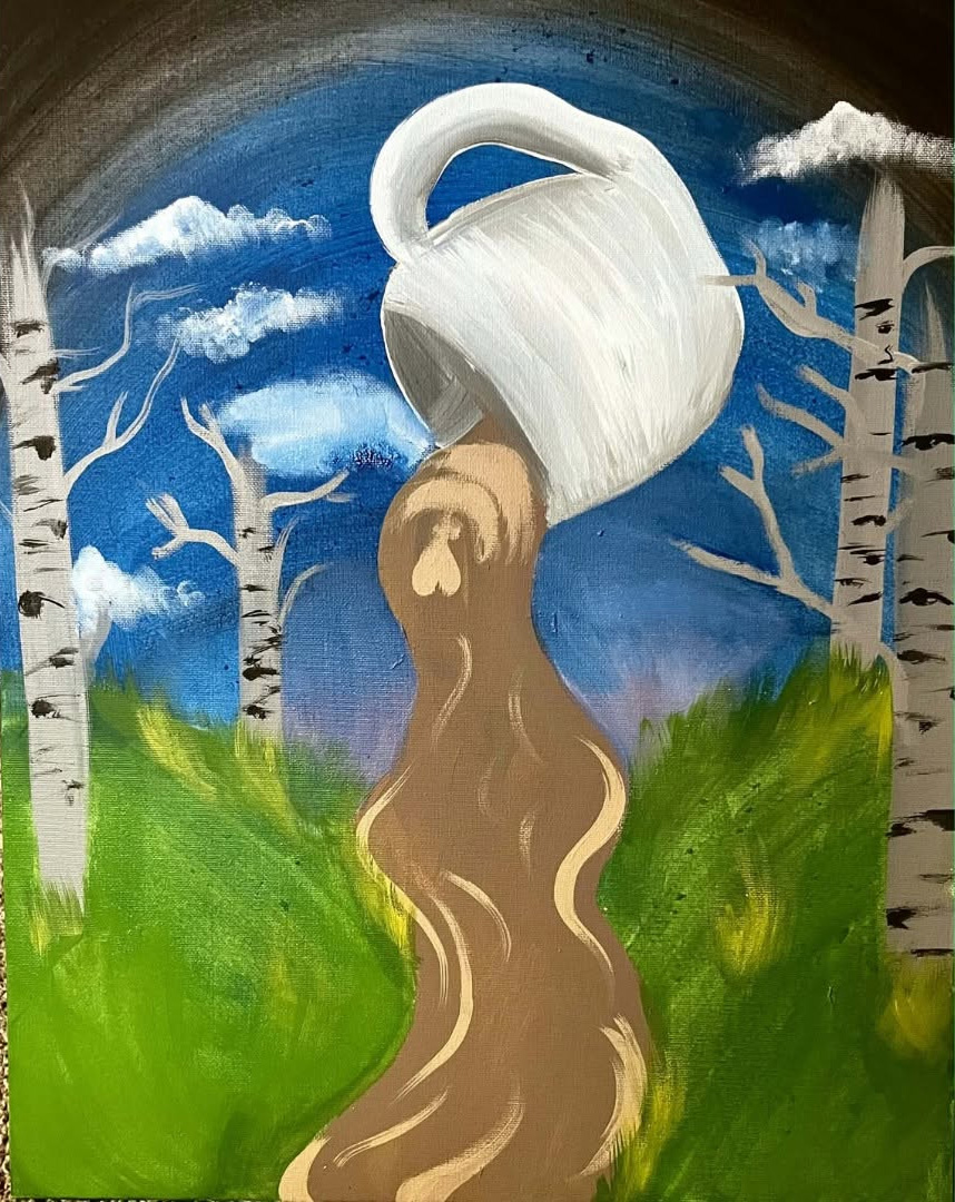 The featured painting: a white coffee cup tipping and pouring into a birch tree landscape with blue sky