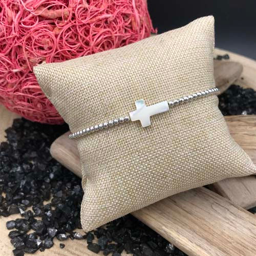 Miniature : BRACELET CROIX NACRE et PERLES ARGENT