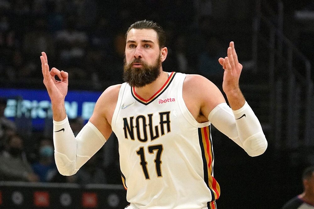 New Orleans Pelicans center Jonas Valanciunas celebrates a made 3-pointer during an NBA basketball game on Monday, November 29, 2021 against the Los Angeles Clippers.