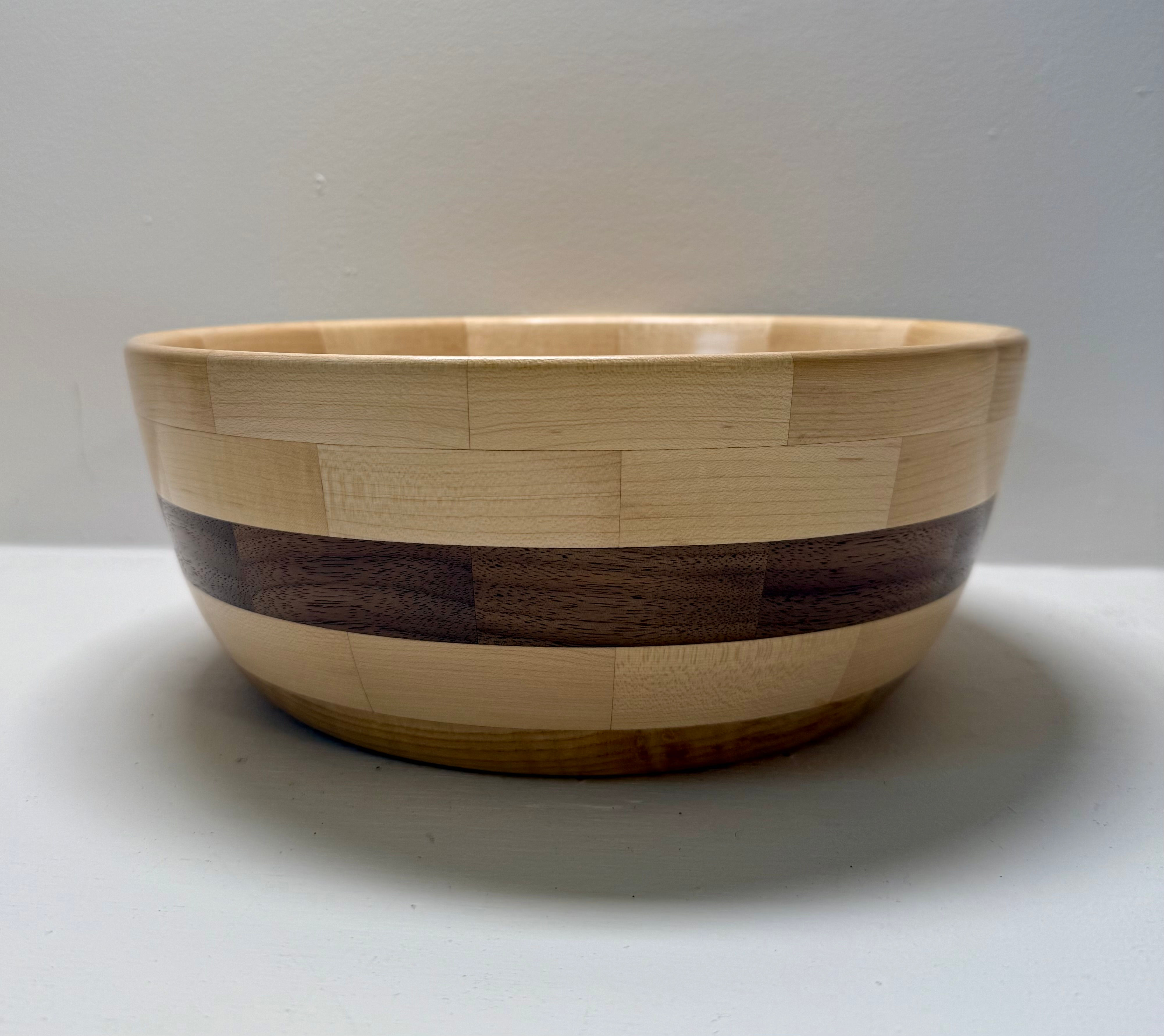 Curly ash, maple and walnut handmade wooden bowl