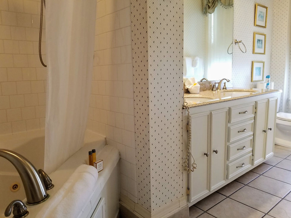 Large bathroom in the Blue Room with two-person Jacuzzi tub, separate shower, and double vanity.