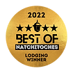 A circle logo with black lettering 2022 Best of Natchitoches Lodging Winner logo earned by the Judge Porter House