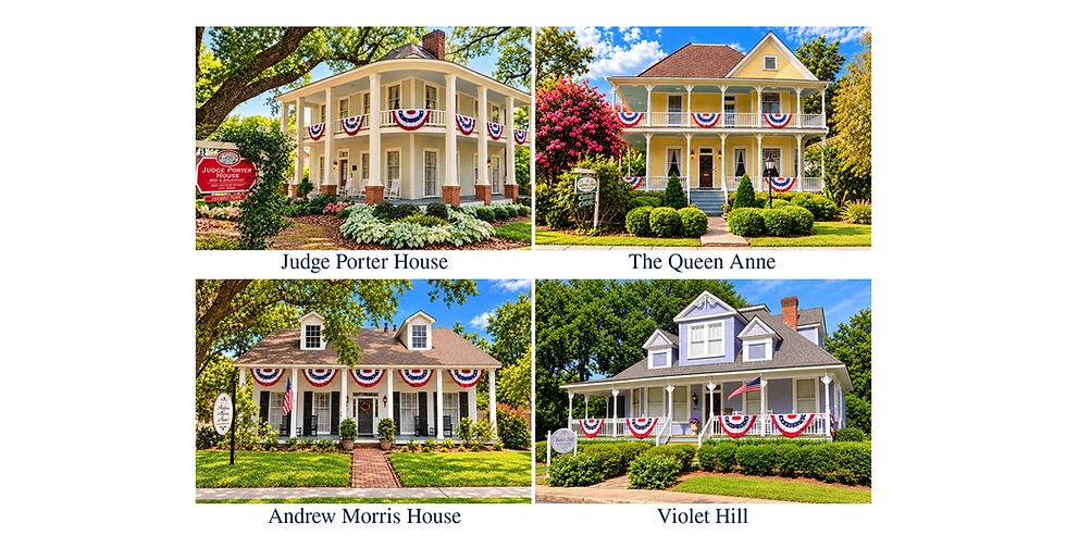 Four-photo collage of Judge Porter House, The Queen Anne, Andrew Morris House, and Violet Hill in Natchitoches, with each inn labeled.