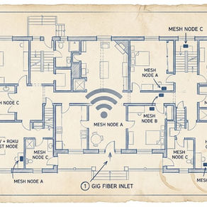 Architectural schematic showing modern Natchitoches Bed and Breakfast amenities like 1-Gig Fiber and Roku Guest Mode.