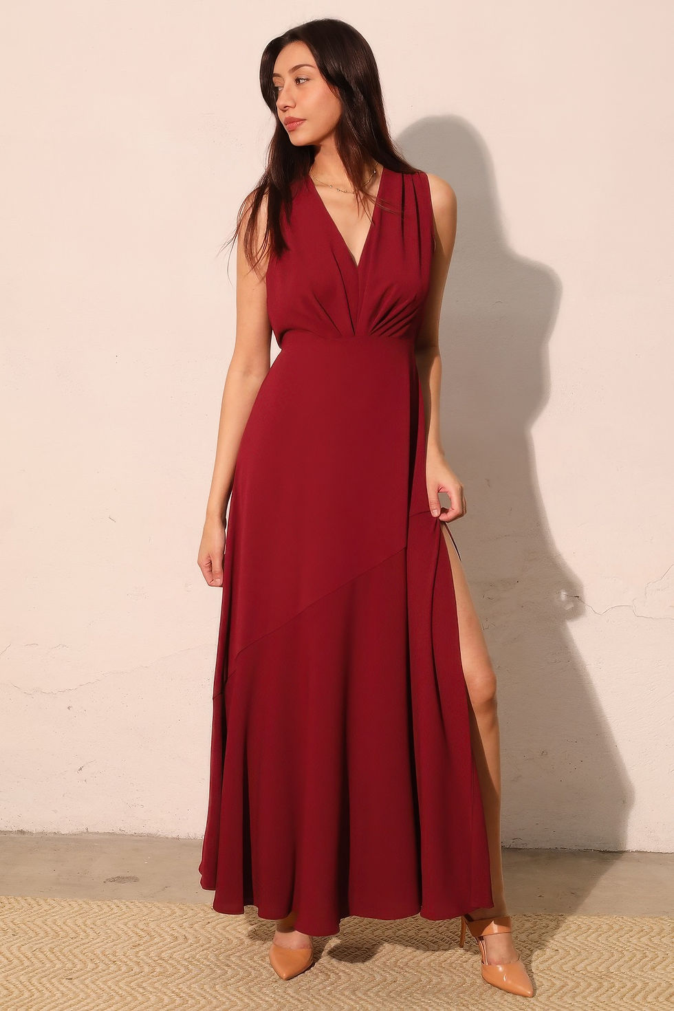 Thumbnail: Textured Solid V-neck Maxi Dress