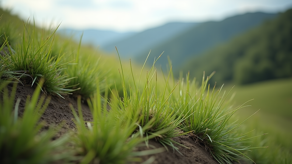 Eye-level view of grass growing through a natural erosion control blanket on a hillside