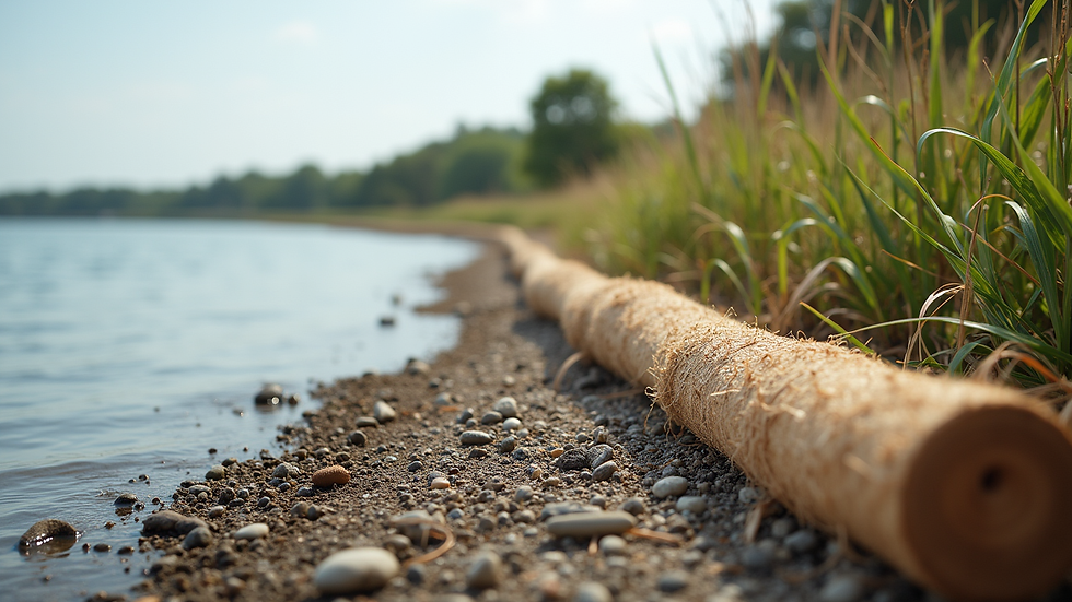 Eye-level view of a restored shoreline with coir logs and native plants