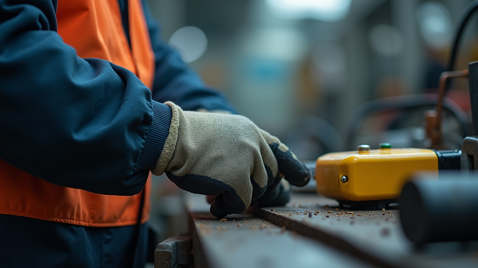 Close-up view of a worker wearing protective gloves handling machinery