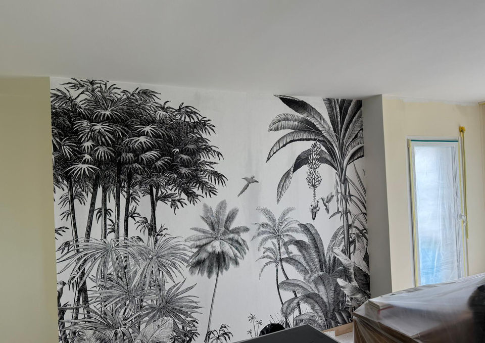 Papier peint panoramique forêt tropicale noir blanc Corseaux — LiMi Peinture