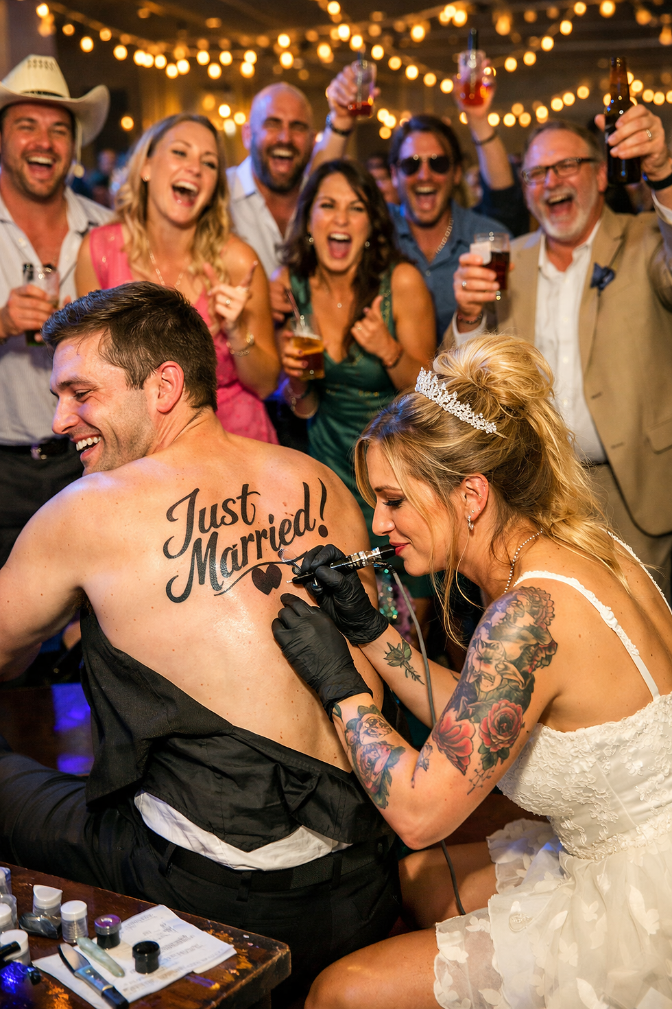 bride giving her groom a tattoo on their wedding day on the dance floor marriage ink party