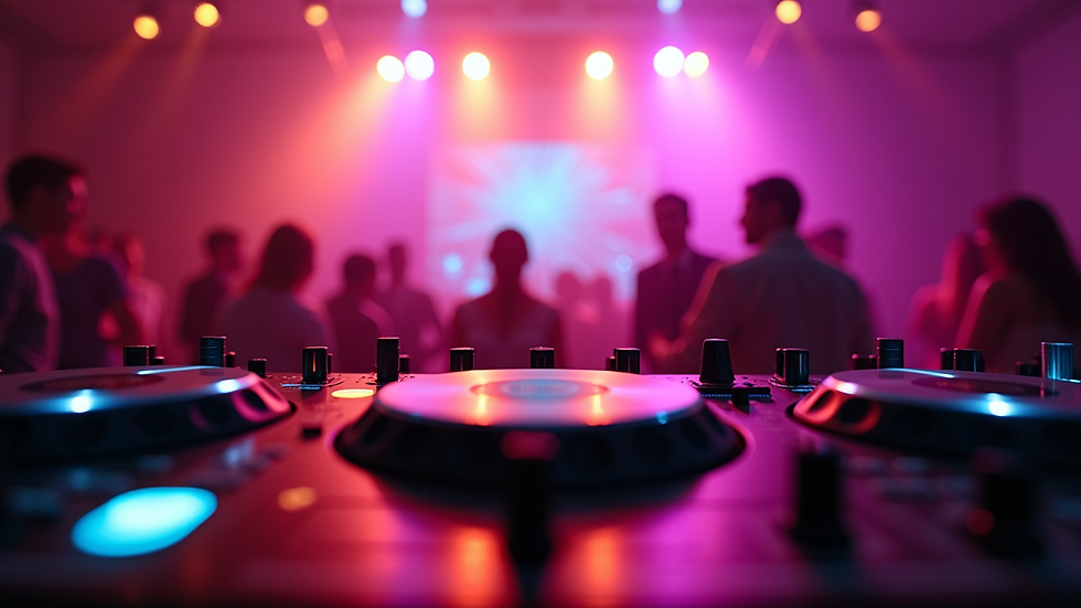 Eye-level view of a DJ booth with colorful lights at a wedding reception
