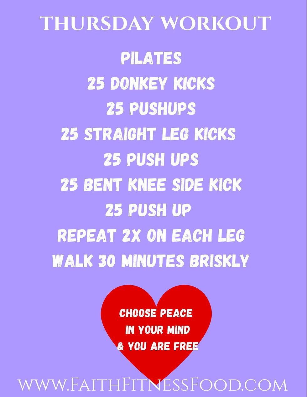 Thursday workout plan on purple background includes exercises. Red heart with motivational text. Website link at bottom.