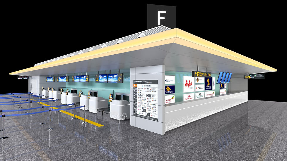 Airport passenger check-in counters in a modern terminal