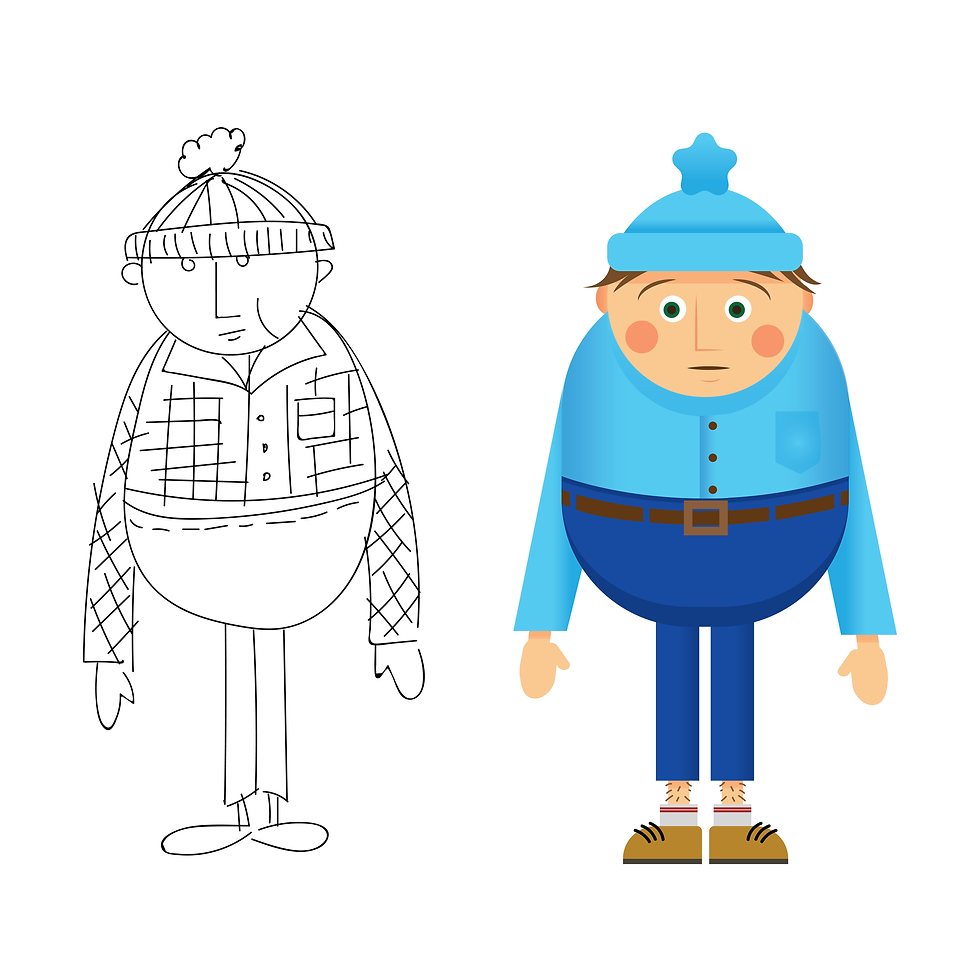 a sketch of a cartoon and a fully rendered illustrated cartoon character, side-by-side. The cartoon is wearing all blue, and has a hat on with a pom pom.