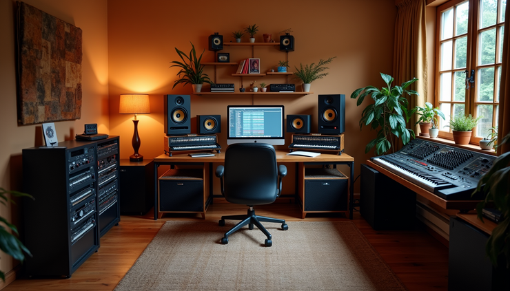 Eye-level view of a compact home music studio setup with a mixing console and studio monitors