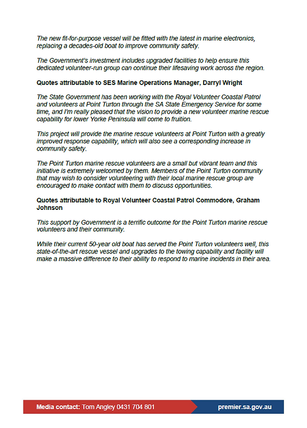 Media Release - New Rescue Vessel Point Turton