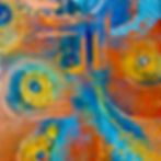 Abstract painting by Love Hannington with vibrant blue, orange, and yellow hues. Circular patterns and lines create a dynamic, energetic feel. No text visible.