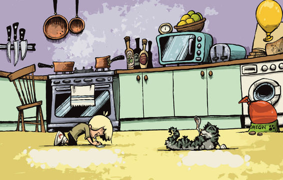 Mo and his cat resting in the kitchen