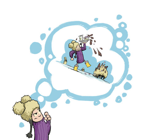 The little girl thinks about giving the sheep some hot chocolate 