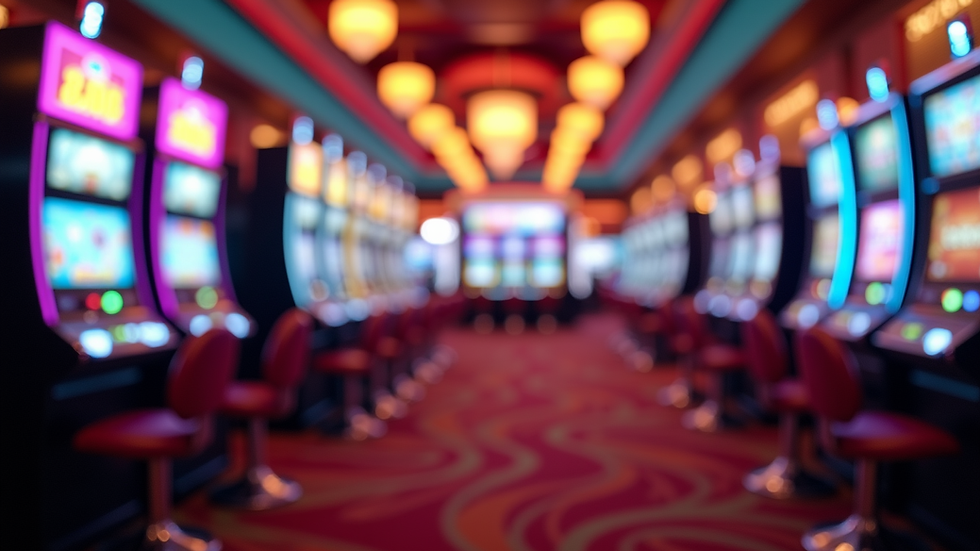 Eye-level view of a vibrant casino floor with colorful slot machines