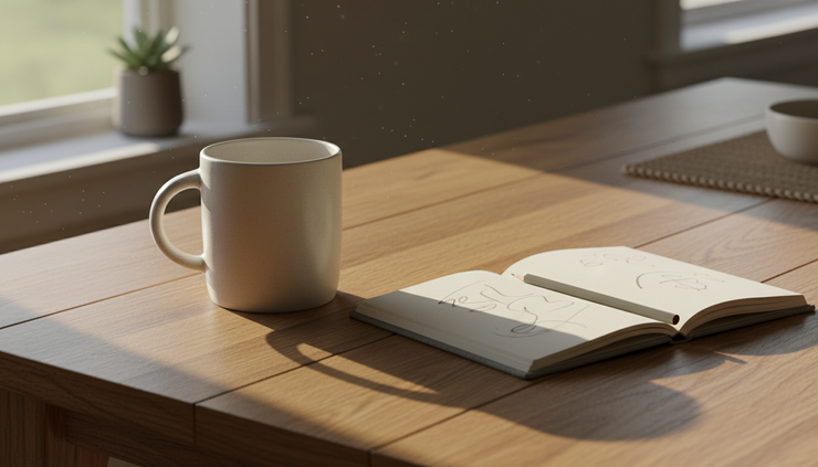Eye-level view of a warm mug beside an open notebook on a kitchen table.