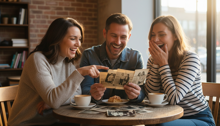Eye-level view of three alumni laughing over old school photos at a café table