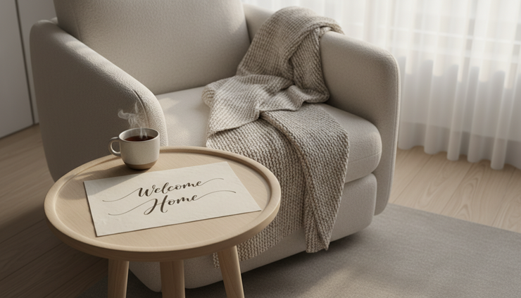 Close-up of a handwritten welcome card resting beside a folded blanket.