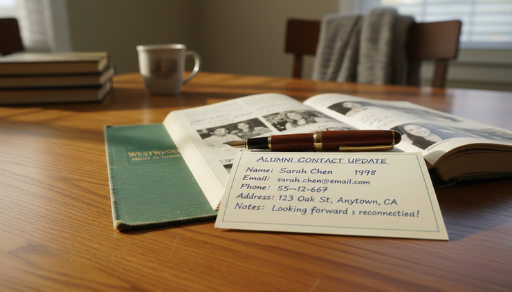 Close-up view of a handwritten contact card beside an open yearbook