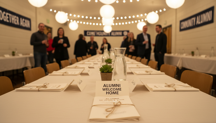 Wide-angle view of a casual table with alumni banquet place cards and folded programs