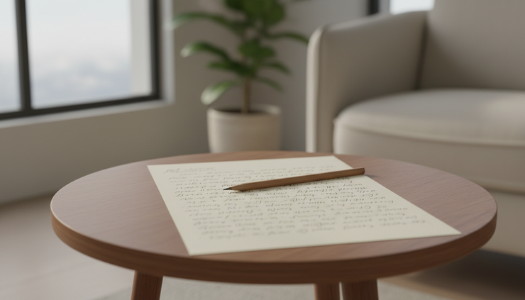 Overhead view of handwritten notes and a pencil on a small table.