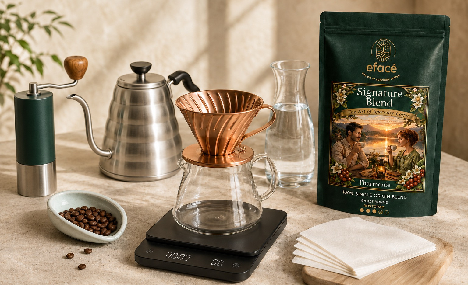 Pour Over Zubehör mit V60 Dripper, Waage, Mühle, Filterpapier und Schwanenhalskessel