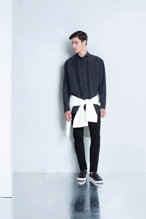 Look  No. 3 Oversized silk shirt in washed black with tailored pants