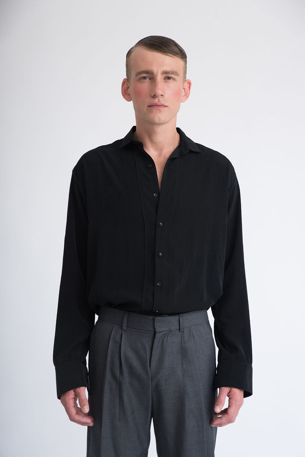 Thumbnail: Oversized black cupro dress shirt with deep sleeve placket - Front View