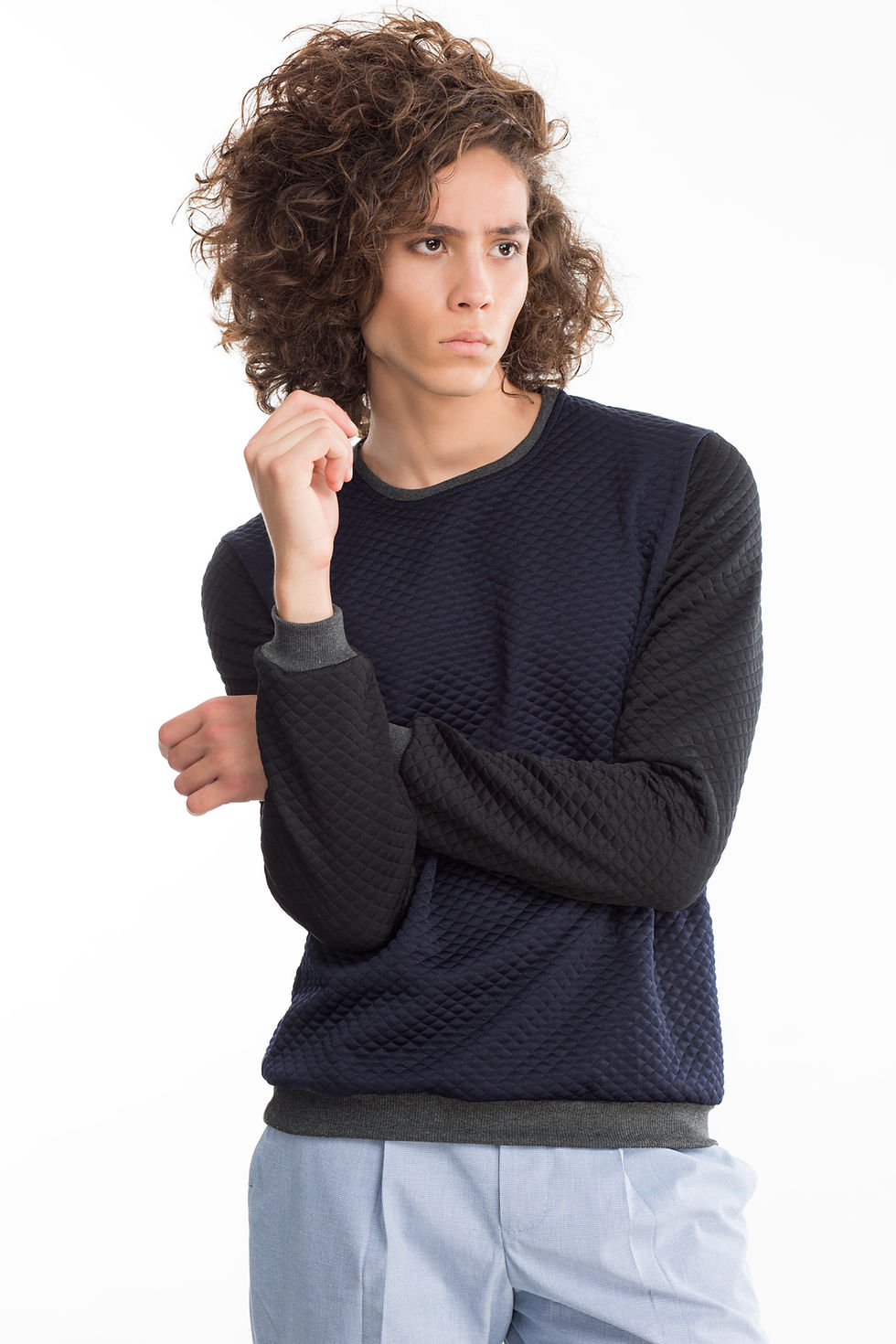 quilted color blocked sweatshirt in dark blue and black - front view