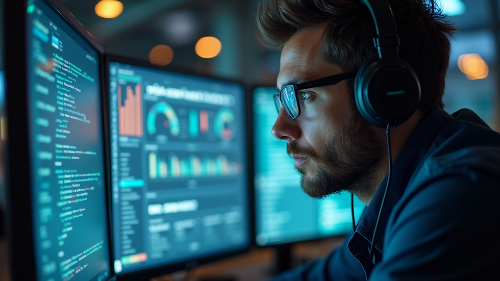 Eye-level view of a cybersecurity expert reviewing system data on a computer screen