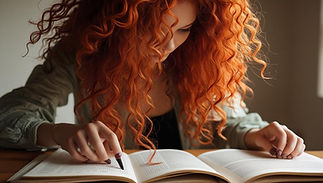 a professional photoshoot of a yong woman with red-brown curly hair editing a book or docu