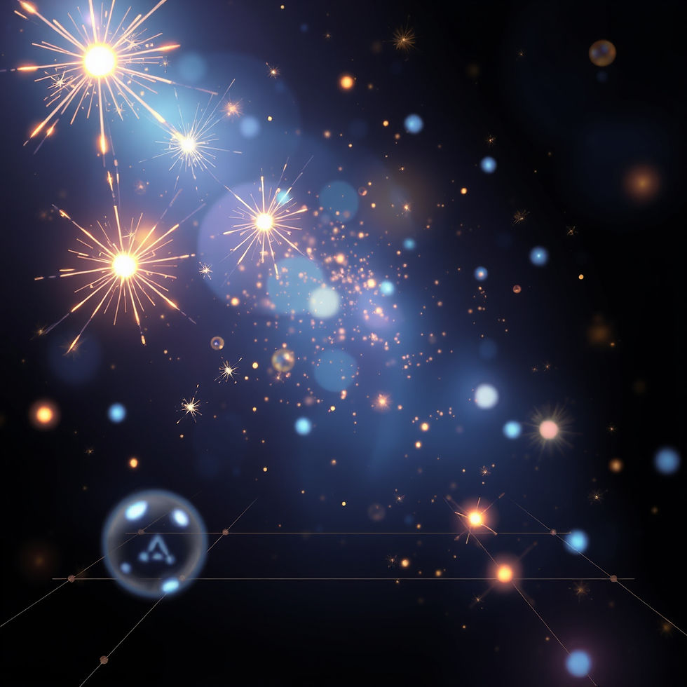 dark background, light sparks, bright orbs, light grids in golds, bright blues and pearles