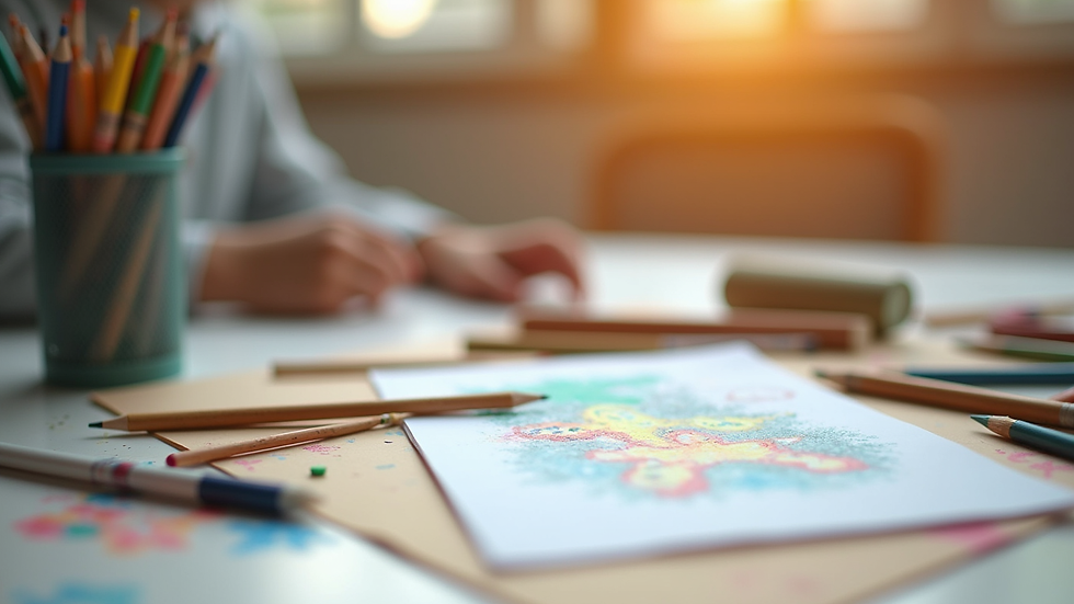 Close-up view of art supplies on a table ready for a child’s creative therapy session