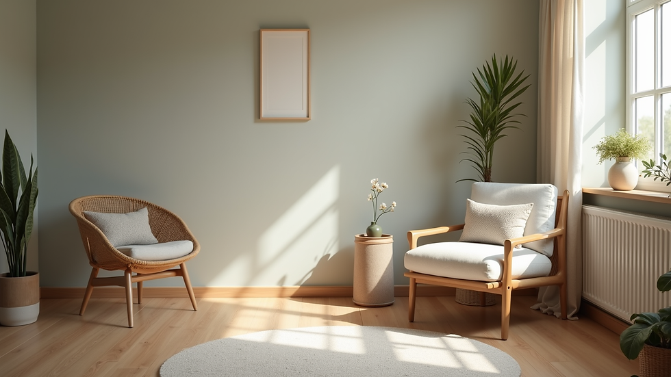 Close-up view of a calm therapy room with comfortable seating