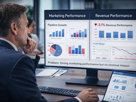 Marketing performance vs revenue disconnect showing pipeline growth but no revenue impact in executive reporting dashboard