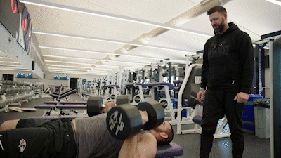 NFL player physical therapy session visualized for Digital Athlete injury recovery modeling.
