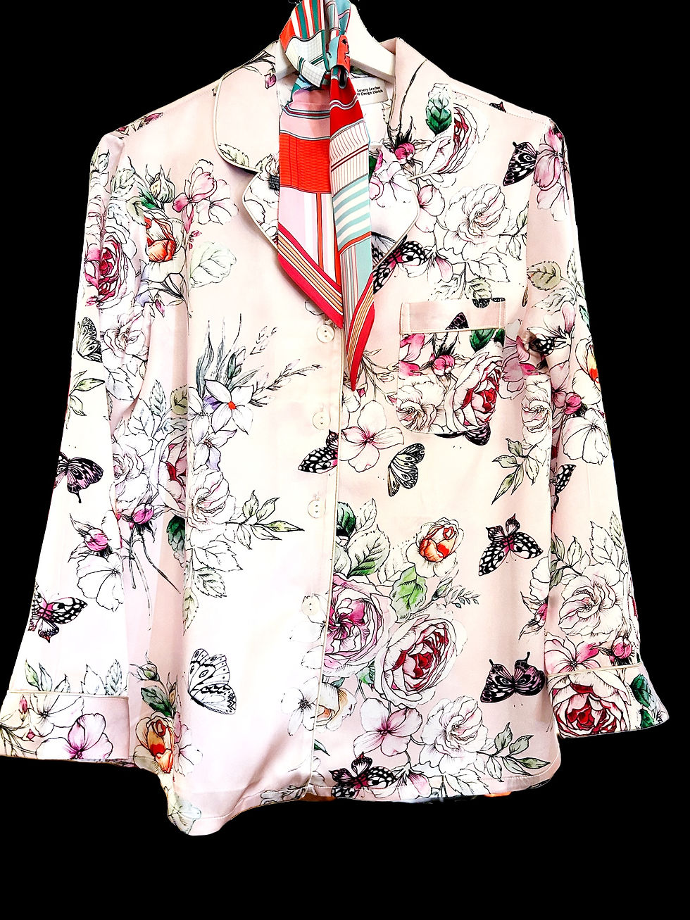 Miniaturbild: Seiden-Pyjama Rosé mit Blumenmotive bedruck