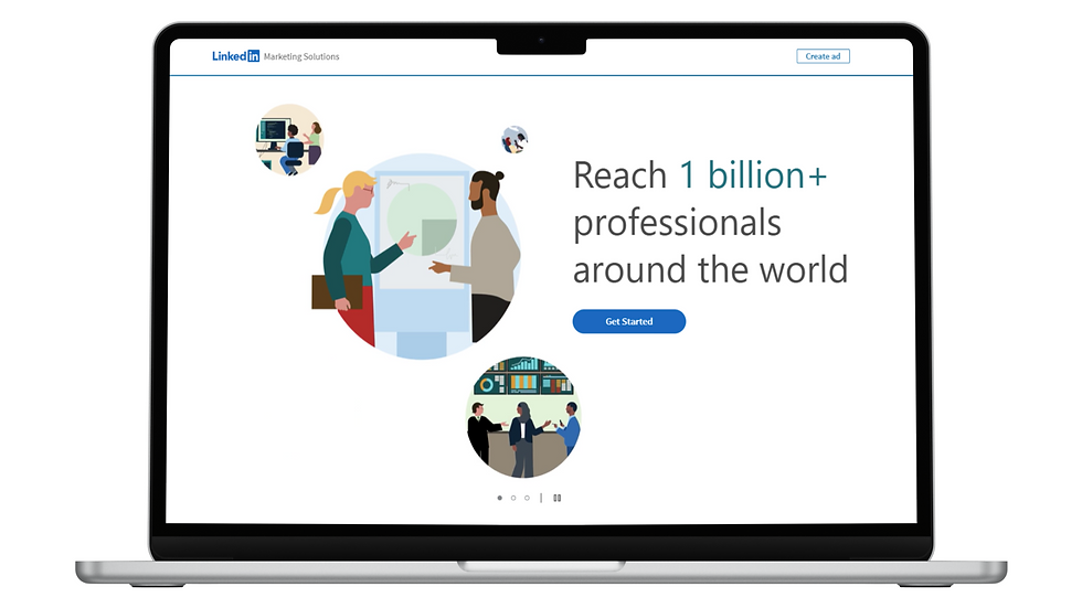 A laptop computer displaying a LinkedIn Marketing Solutions page with the text "Reach 1 billion+ professionals around the world"
