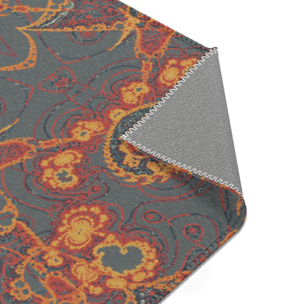 Thumbnail: Cool area rug with intricate pixelated spiral fractal mandala pattern in red, grey, and orange