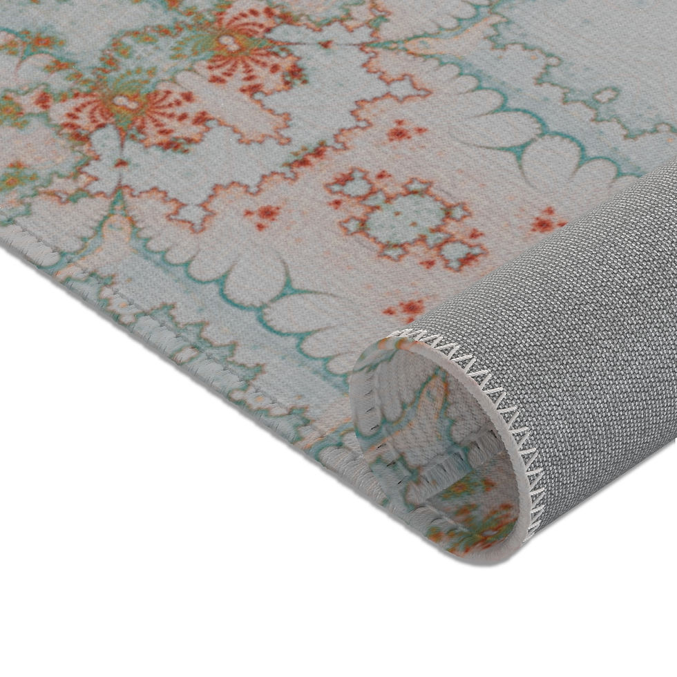 Thumbnail: Cool area rug with intricate fractal mandala pattern in blue, red, grey, and orange