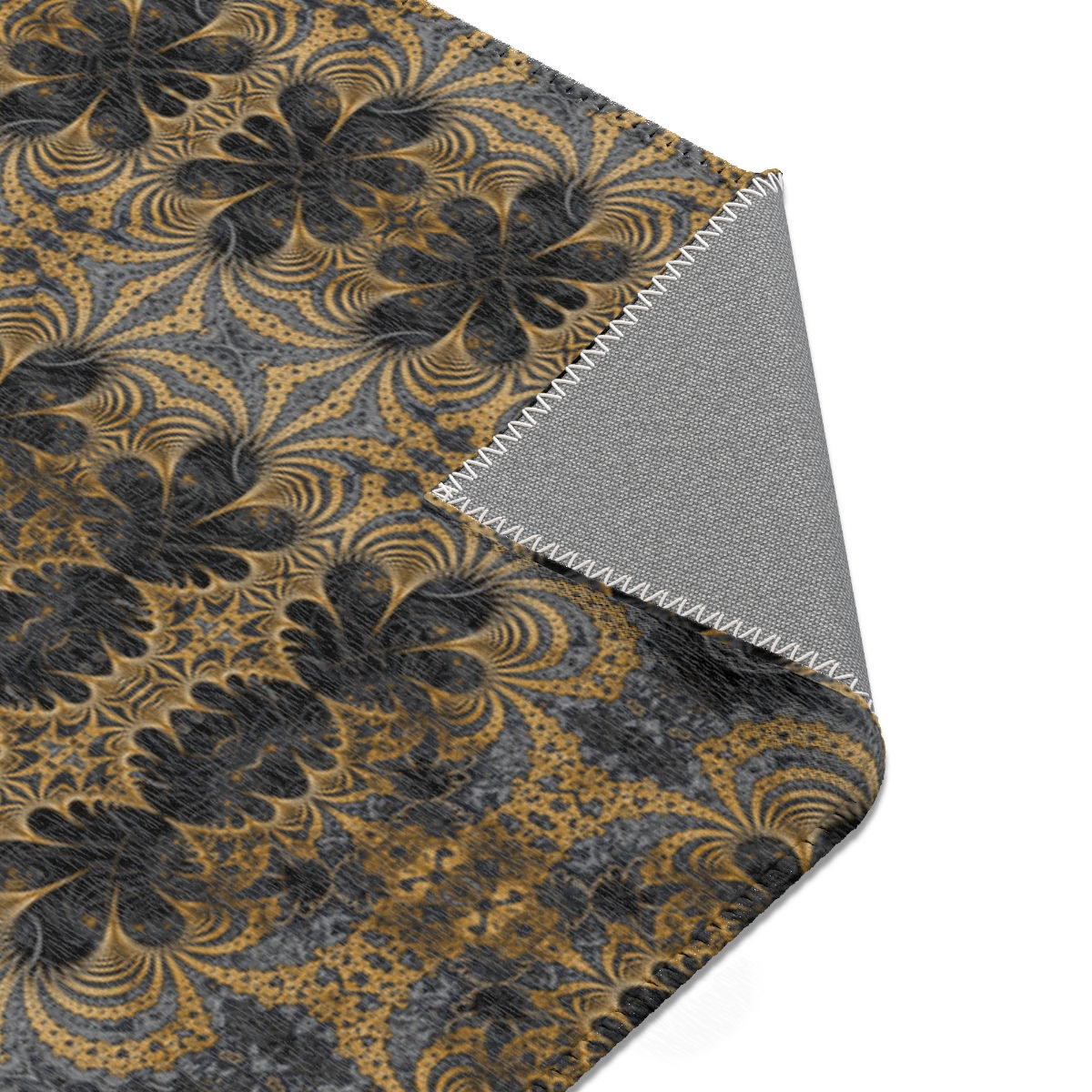 Cool area rug with intricate fractal mandala pattern in gold, white, and black