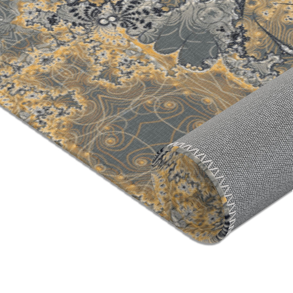 Thumbnail: Cool area rug with intricate fractal mandala pattern in gold, white, and black