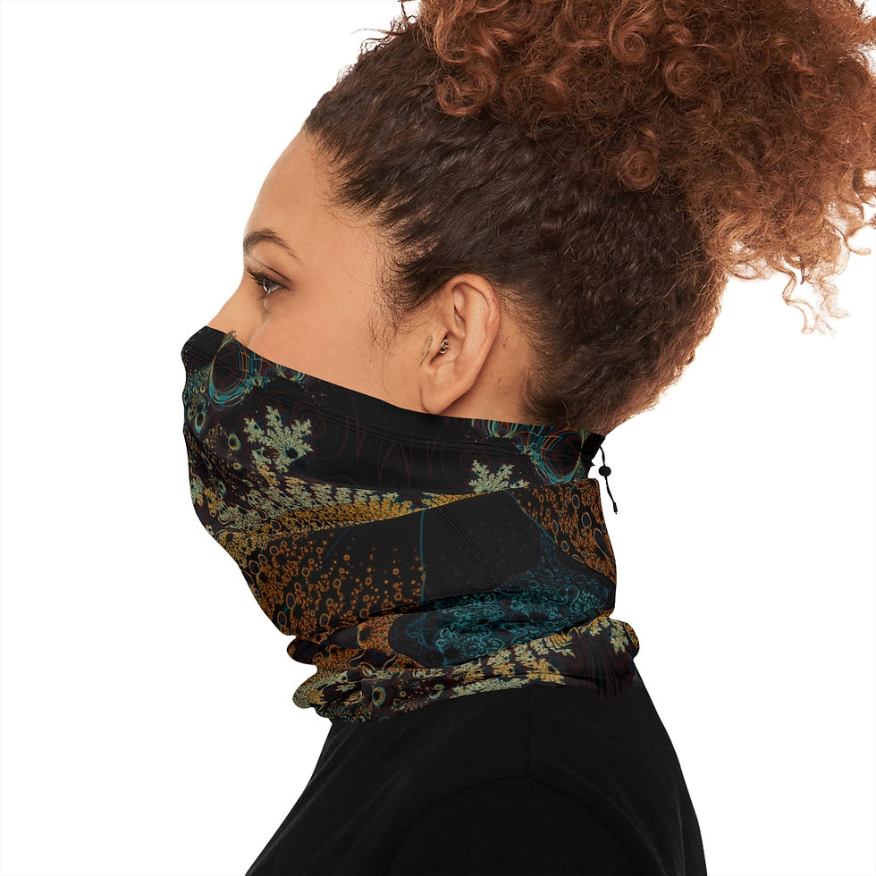 Thumbnail: Dark Vintage Style Fine Line Traced Fractal Winter Neck Gaiter With Drawstring