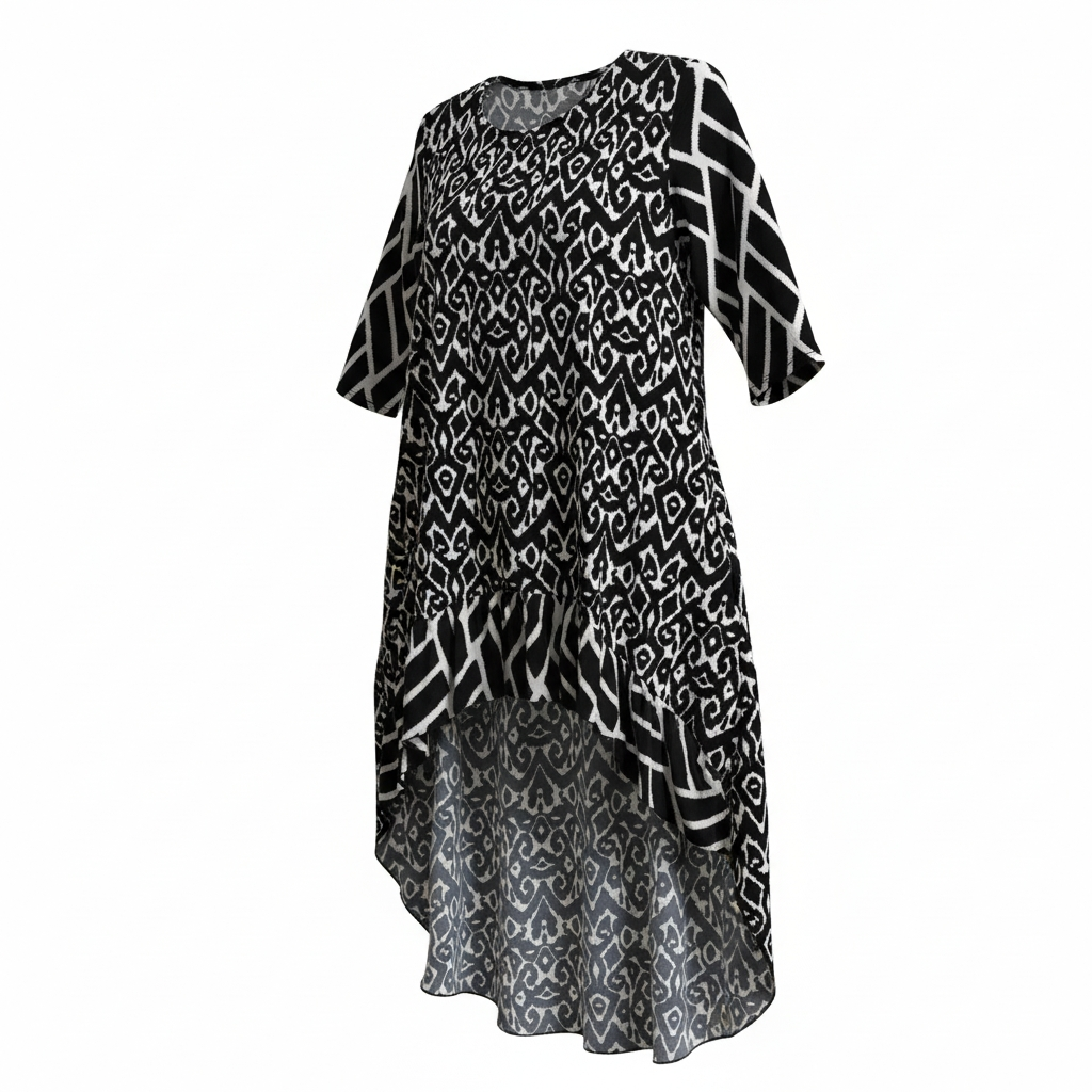 Chilia in Black n White Geo Print with Contrasting Sleeves and ruffle 